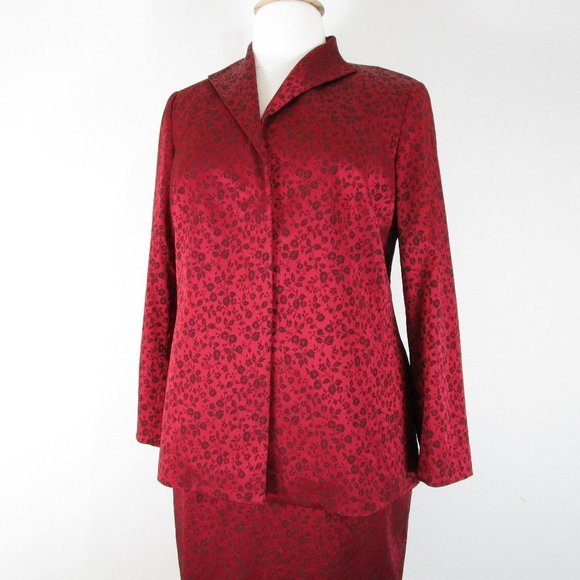 Elana By Tanner Plus Size Red Black Floral Jacquard Skirt Suit Size 14 Formal - Picture 2 of 16